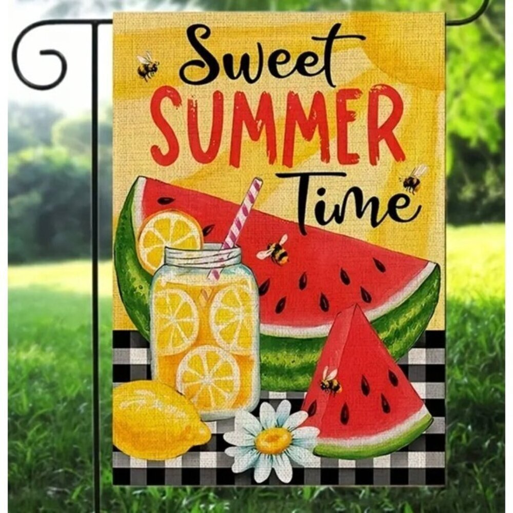 Sweet Summer Time Watermelon Lemonade Garden Flag Burlap 12"x18" Double-Sided - Picture 3 of 4
